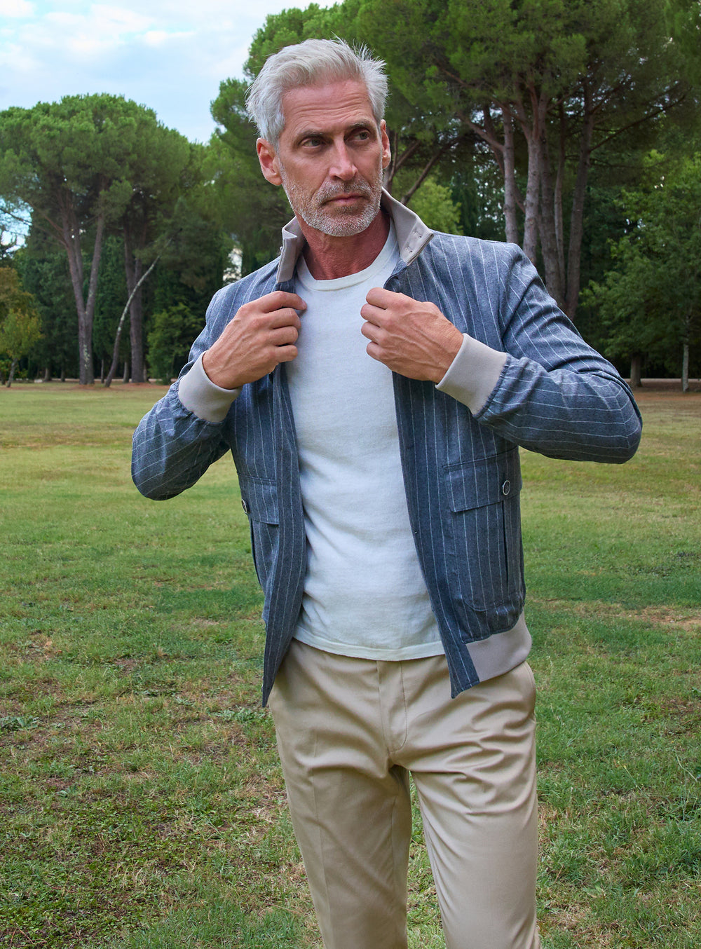 Consiglieri: blue jacket with subtle checks, a white T-shirt and beige trousers
