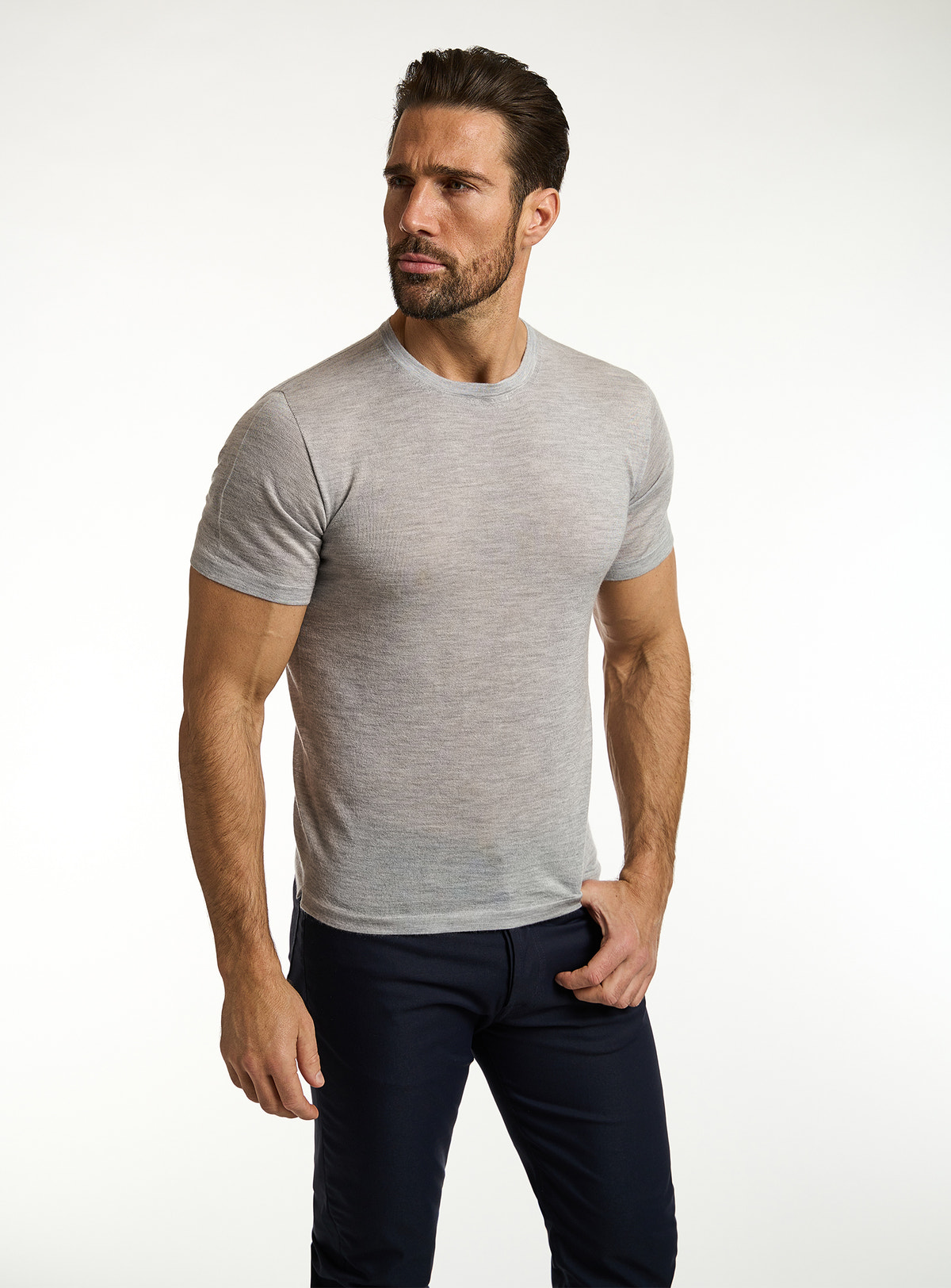 Consiglieri: light grey crew-neck T-shirt with navy trousers