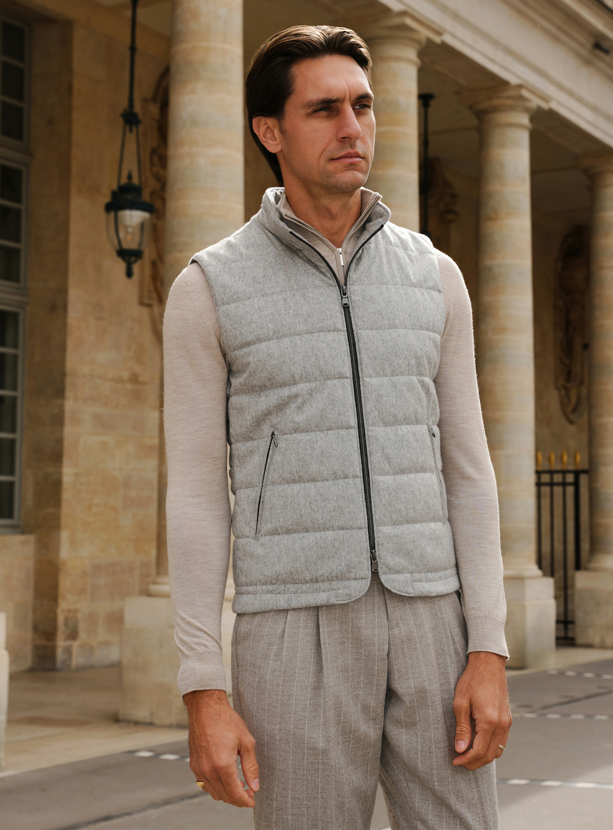 Light grey quilted Consiglieri vest with a zip and coordinated shirt