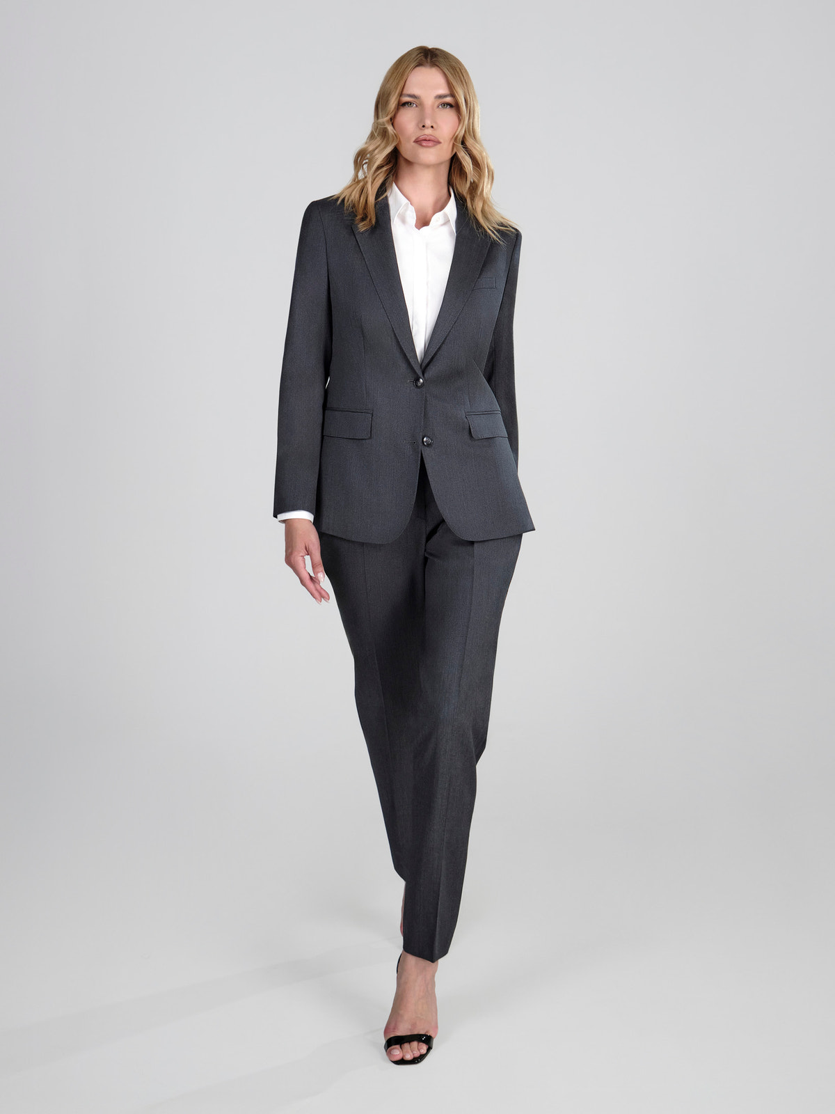 Charcoal Consiglieri DONNA women's suit with a fitted blazer, tapered trousers and white shirt