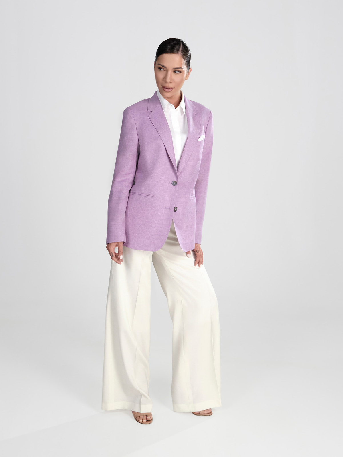 Lilac Consiglieri DONNA blazer with a white shirt and cream wide-leg trousers