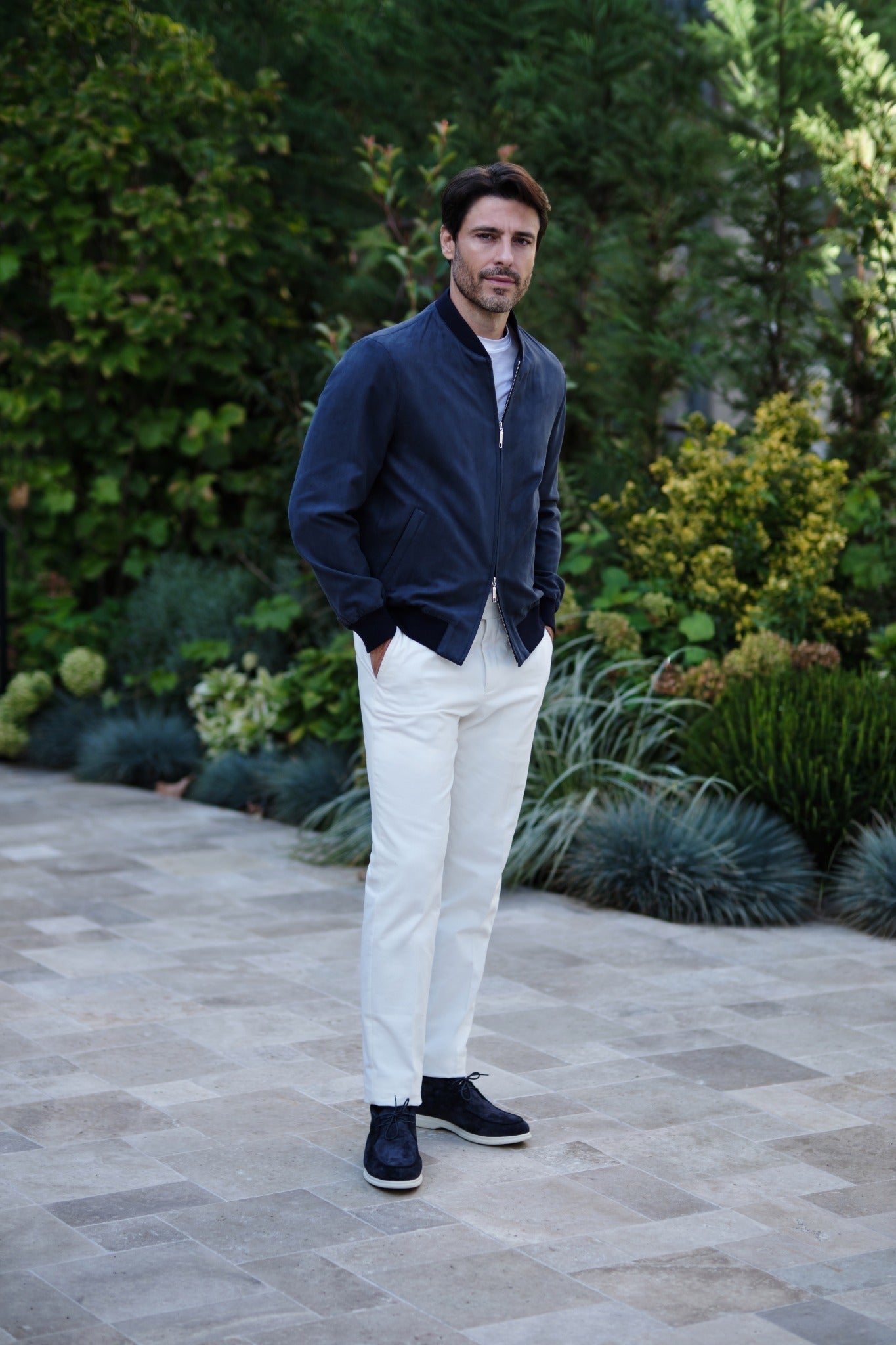 The navy Bomber Jacket — the complete look