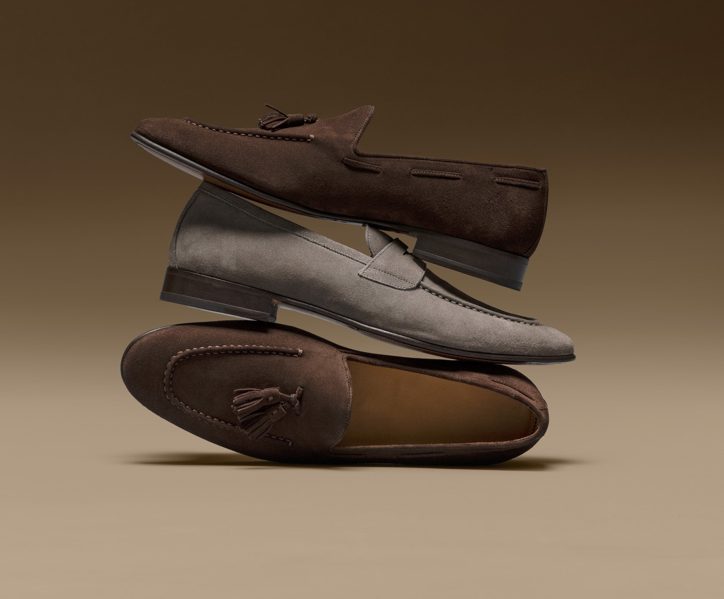 Made-to-Order suede loafers — tassel and penny, in three shades of the season.