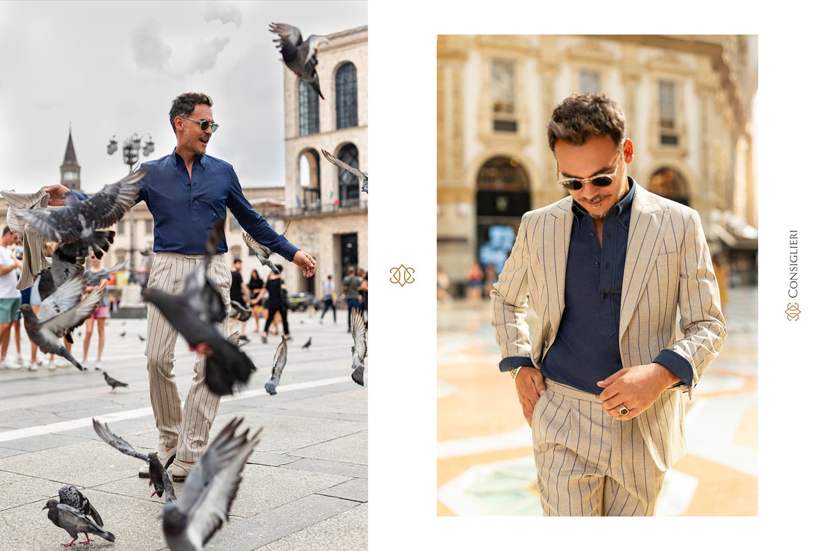 Consiglieri looks with light trousers, a navy shirt and a beige striped blazer