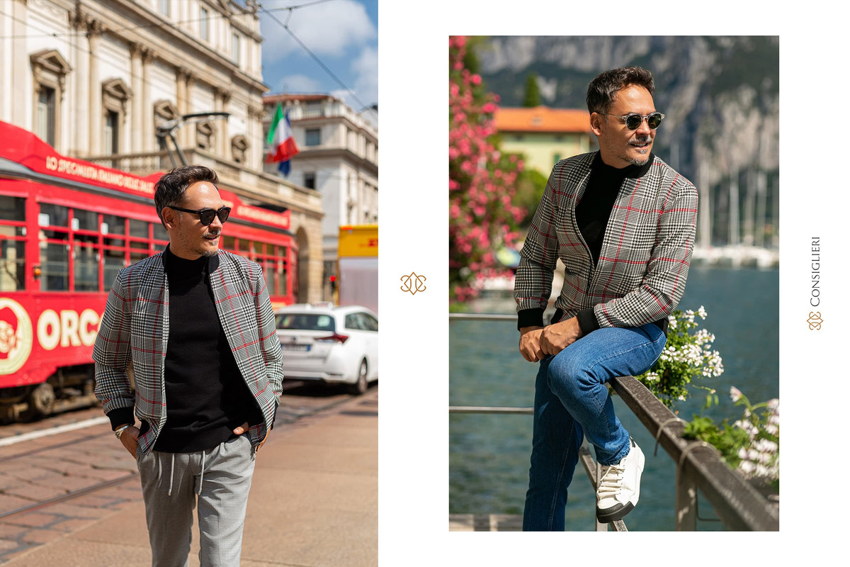 Checked Consiglieri blazer and black sweater in two urban looks