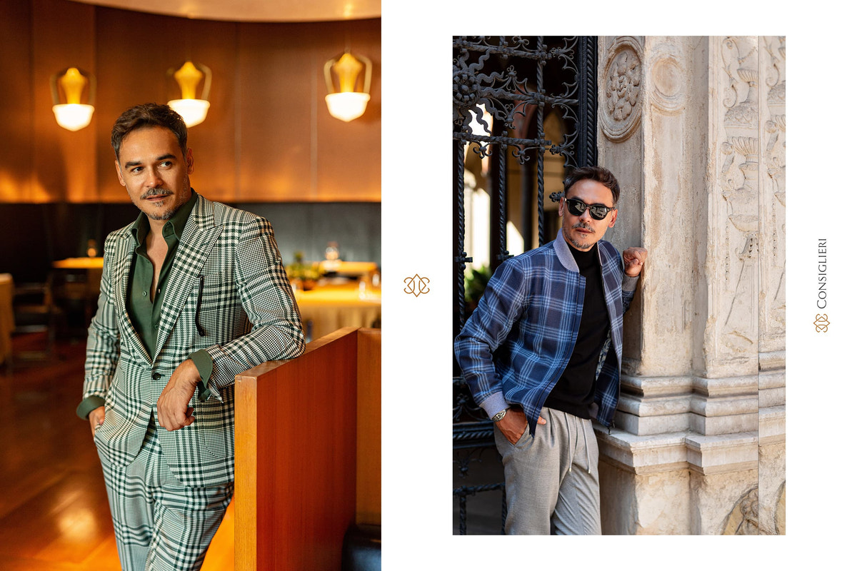 Green striped suit and blue checked blazer by Consiglieri