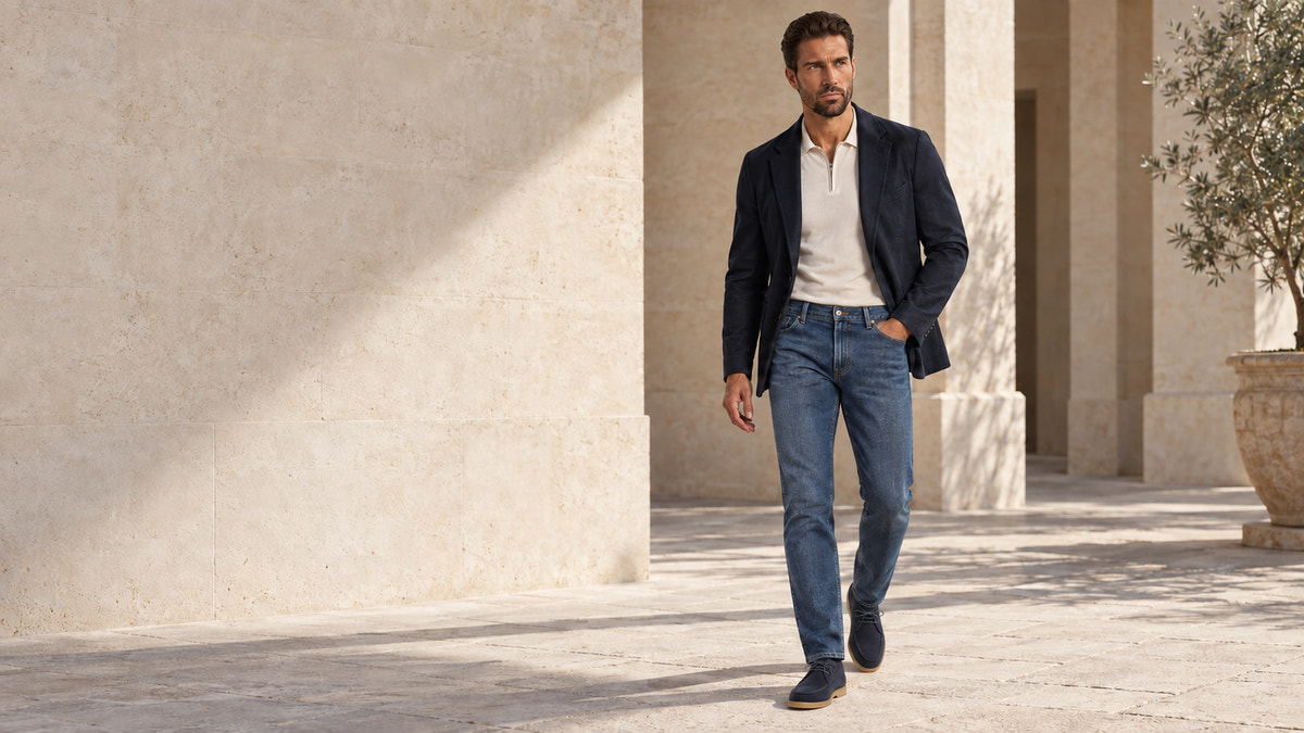 Editorial look with mid-blue denim and a navy blazer, walking.