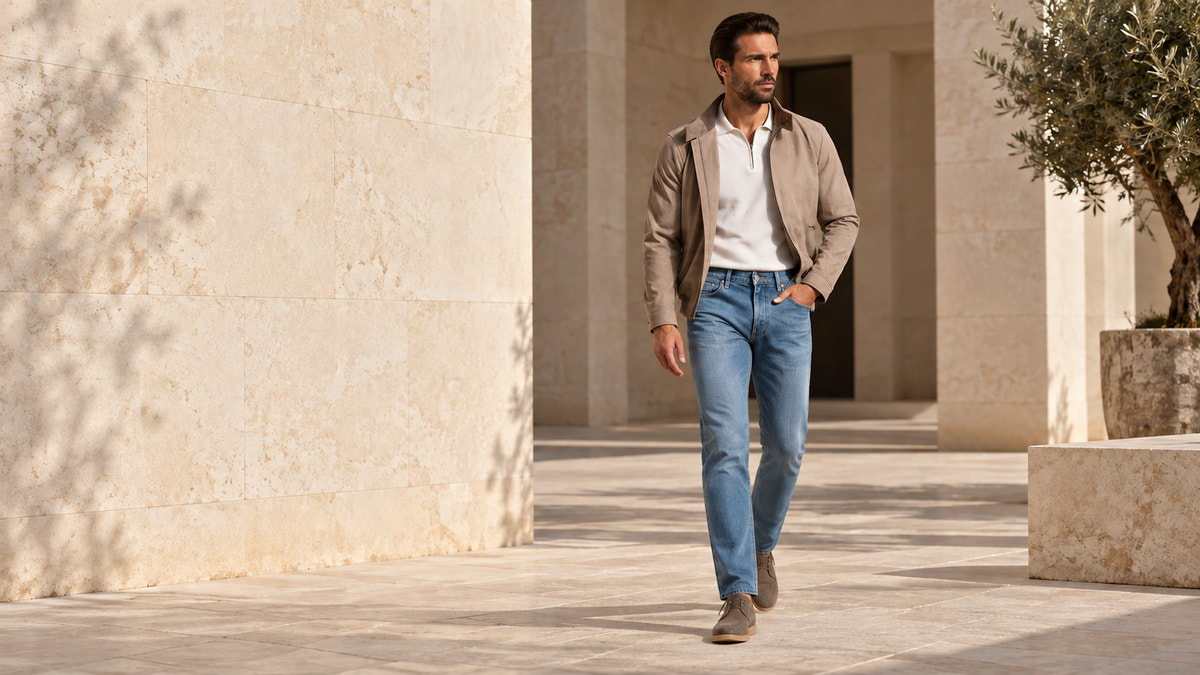 Editorial look with light denim and a beige jacket, walking.