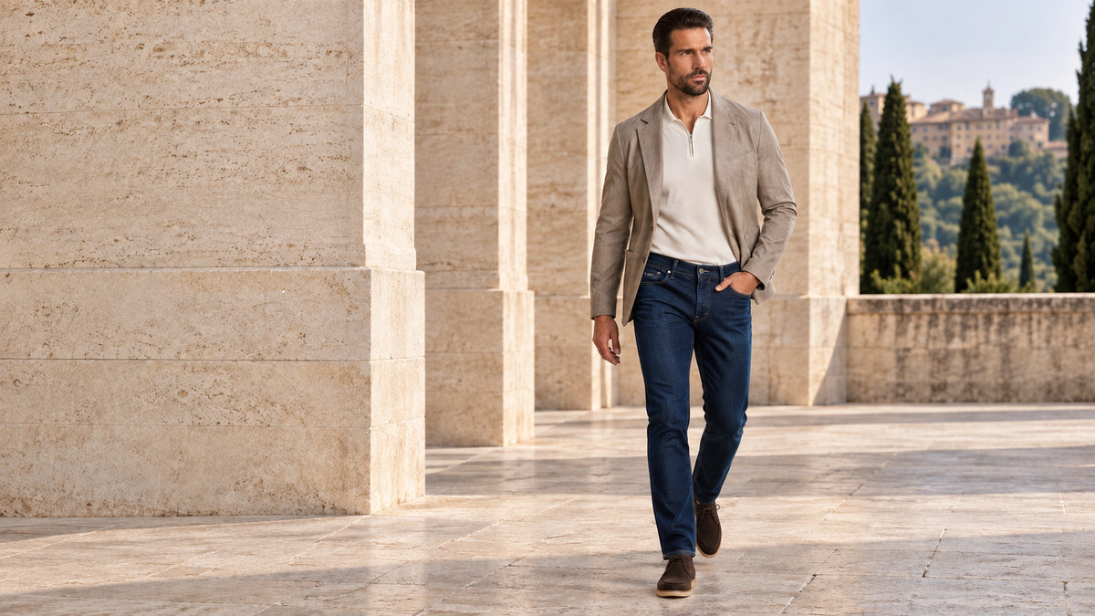 Editorial look with indigo denim and a greige blazer, walking.