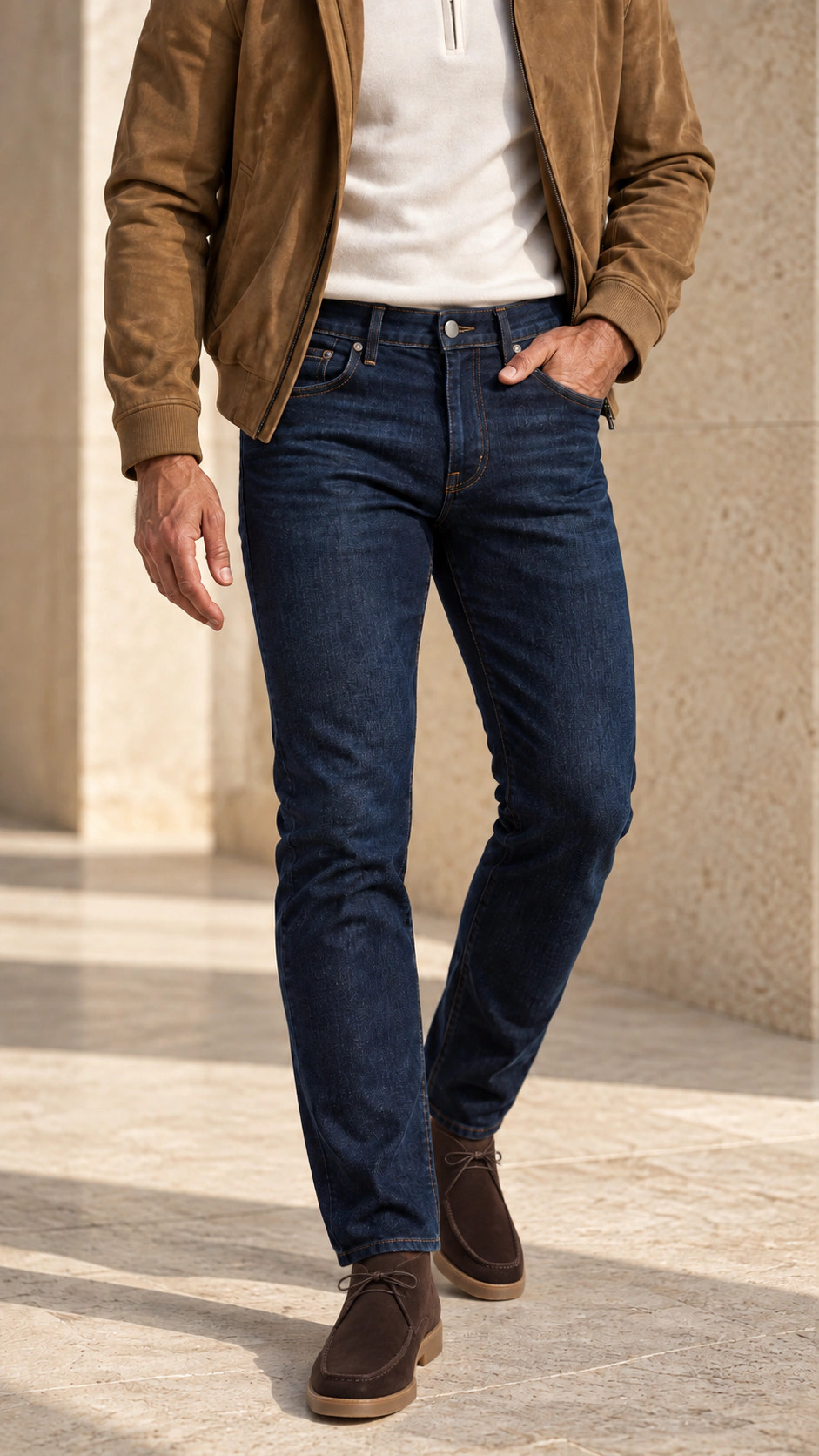 Front close-up of the look with navy denim and a tobacco jacket.