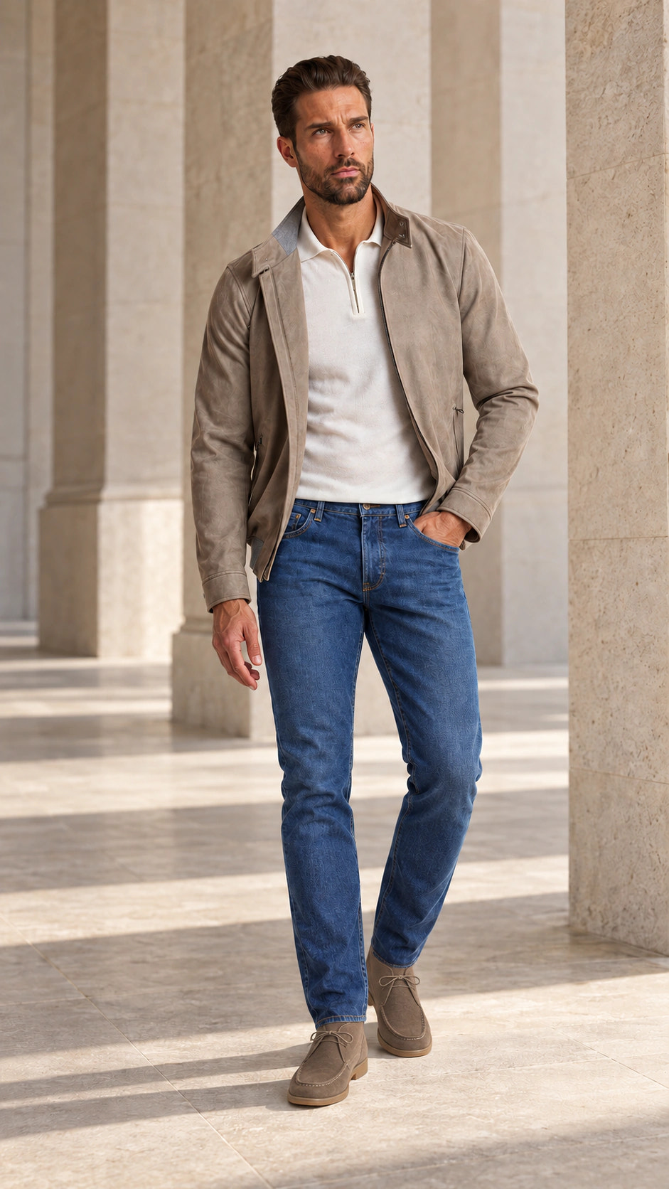 Full look with bright blue denim and a taupe jacket and City Loafer.
