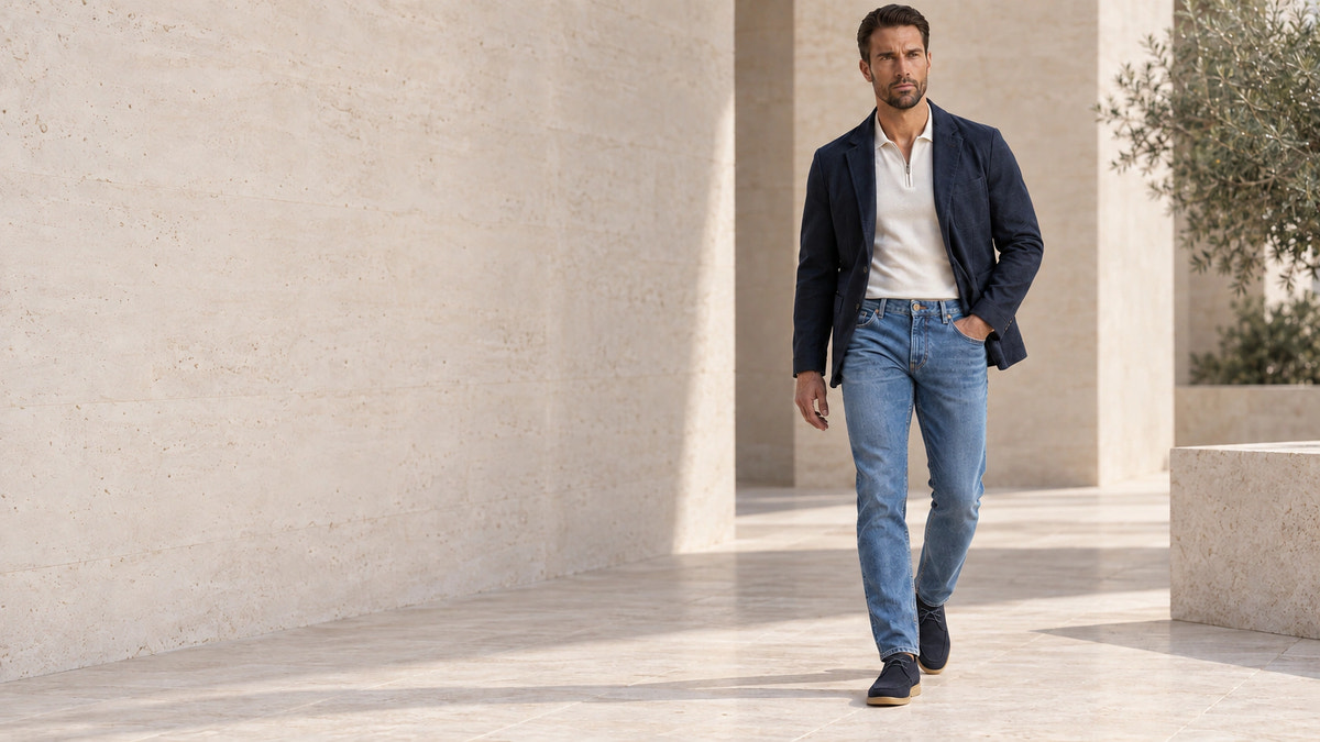 Editorial look with washed blue denim and a navy blazer, walking.