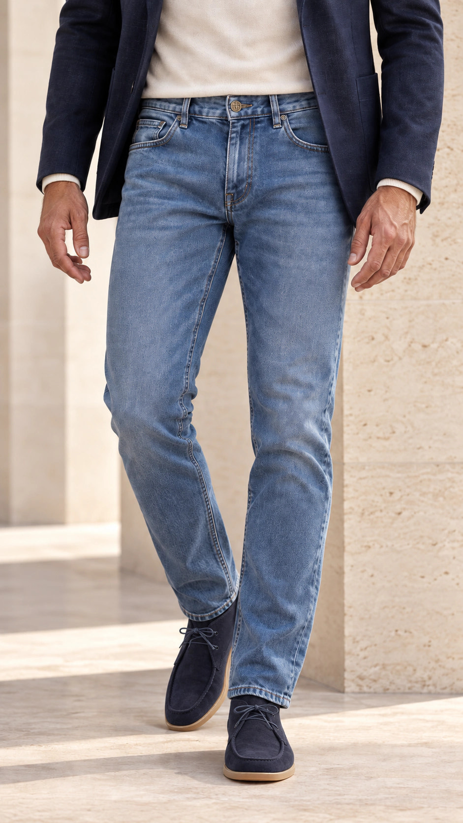 Front close-up of the look with washed blue denim and a navy blazer.