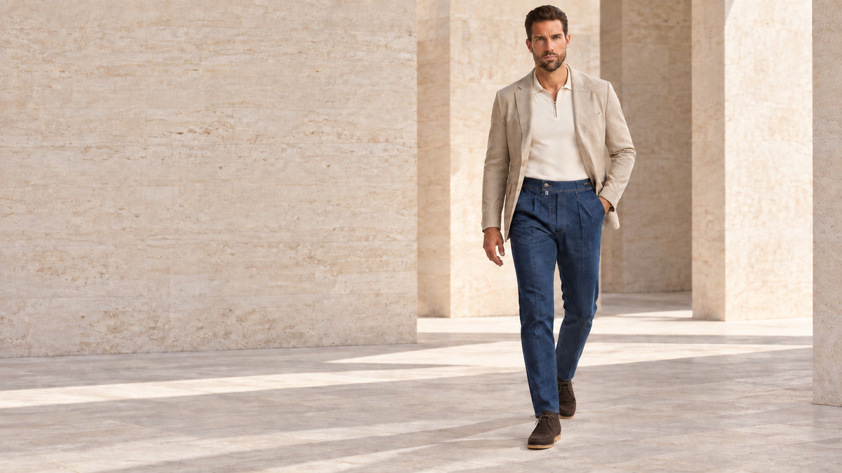 Editorial look with denim trousers and an oatmeal blazer, walking.