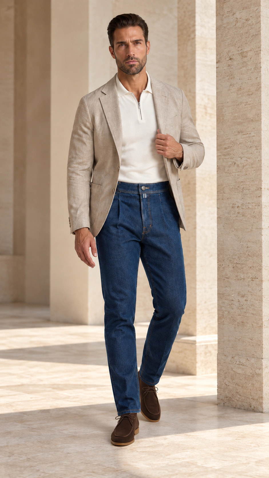 Full look with denim trousers and an oatmeal blazer and City Loafer.