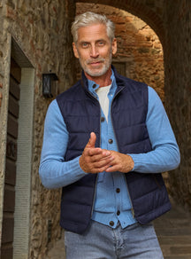 Consiglieri: blue button-front cardigan beneath a navy quilted gilet