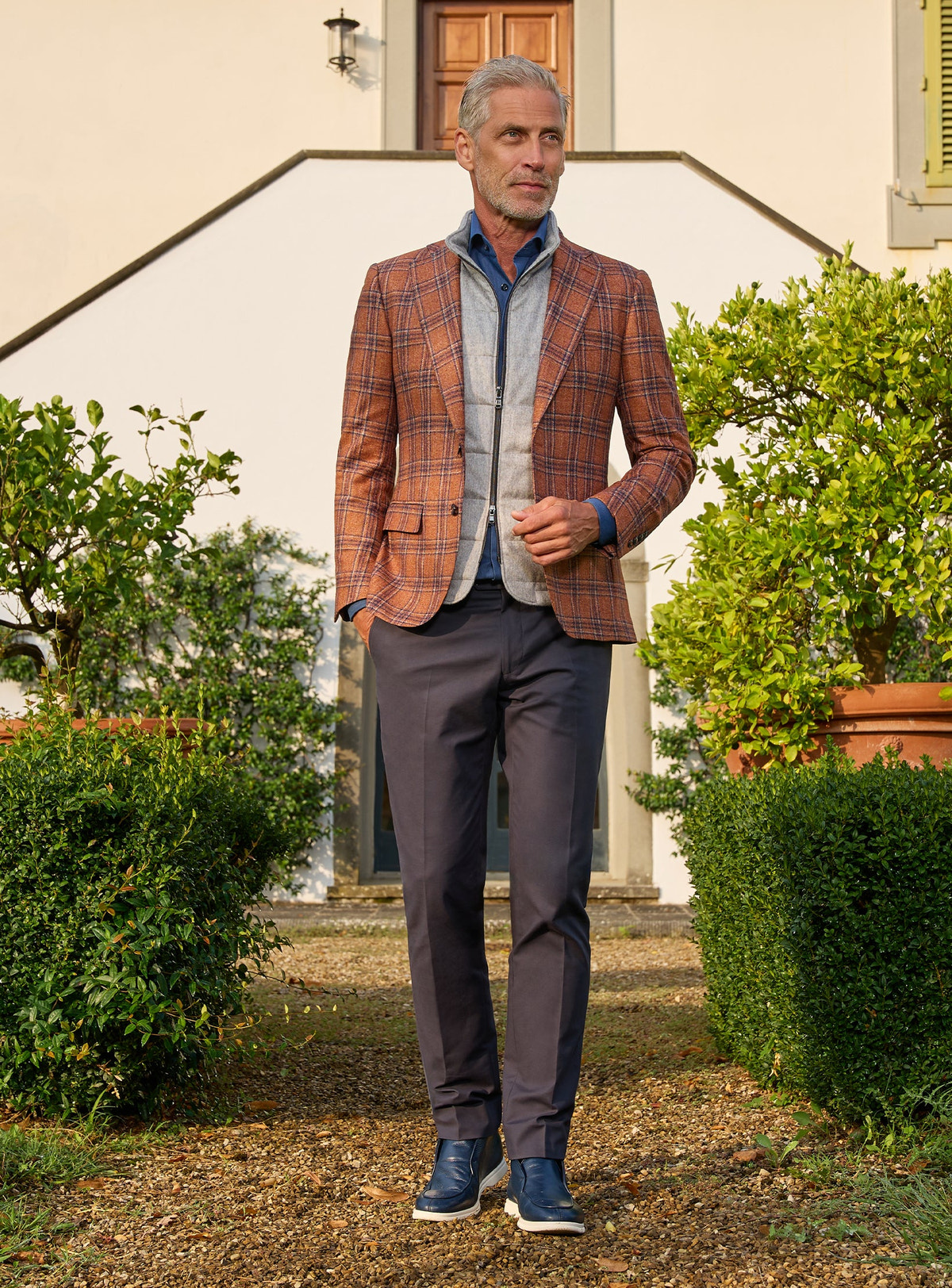 Consiglieri: light grey gilet beneath a cognac jacket with blue checks