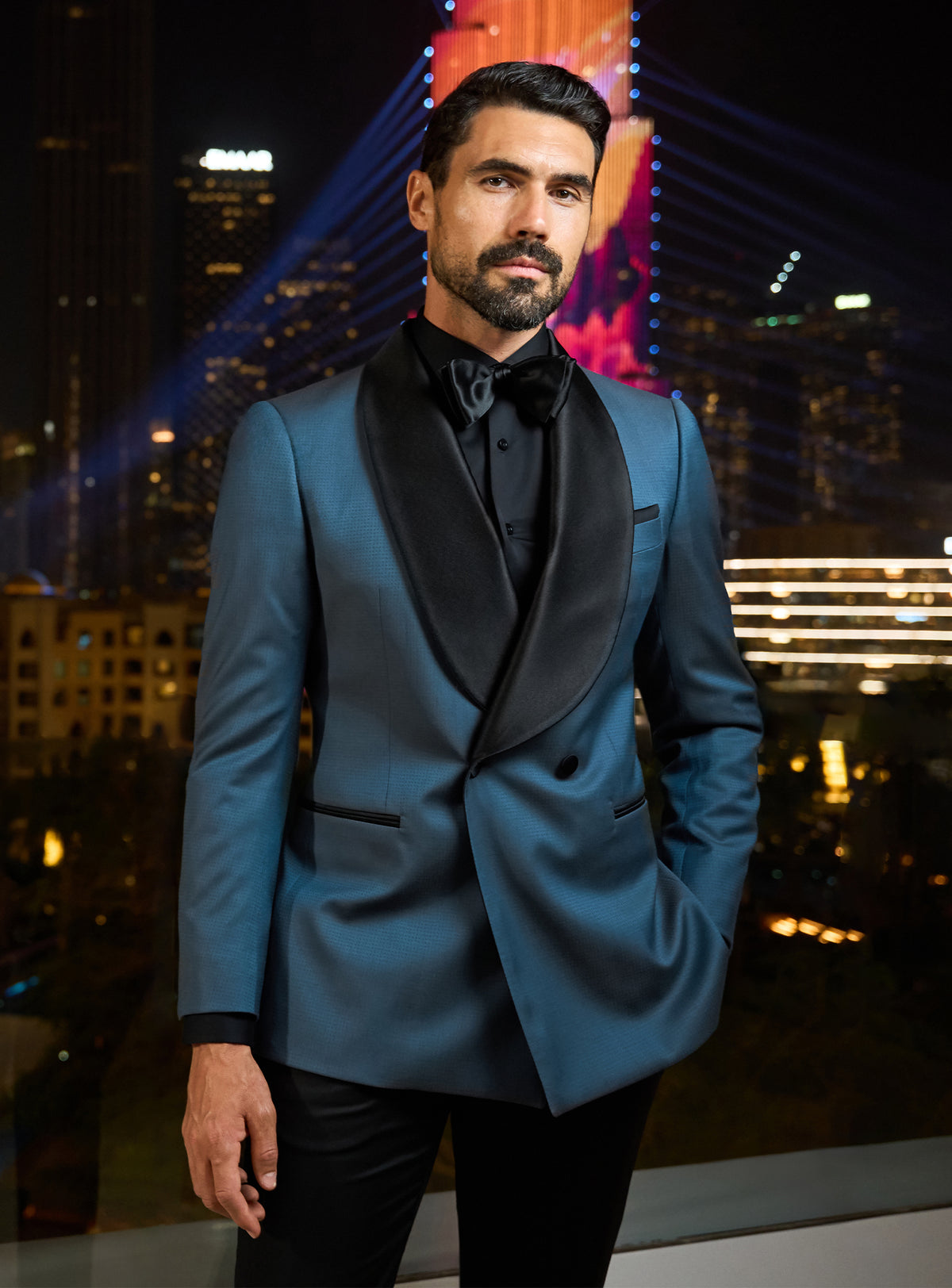 Petrol blue Consiglieri dinner jacket with black lapels and a black shirt