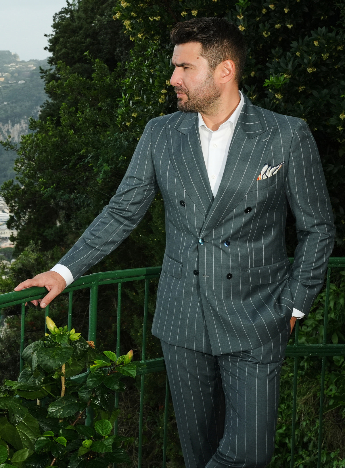 Dark green pinstriped double-breasted Consiglieri suit