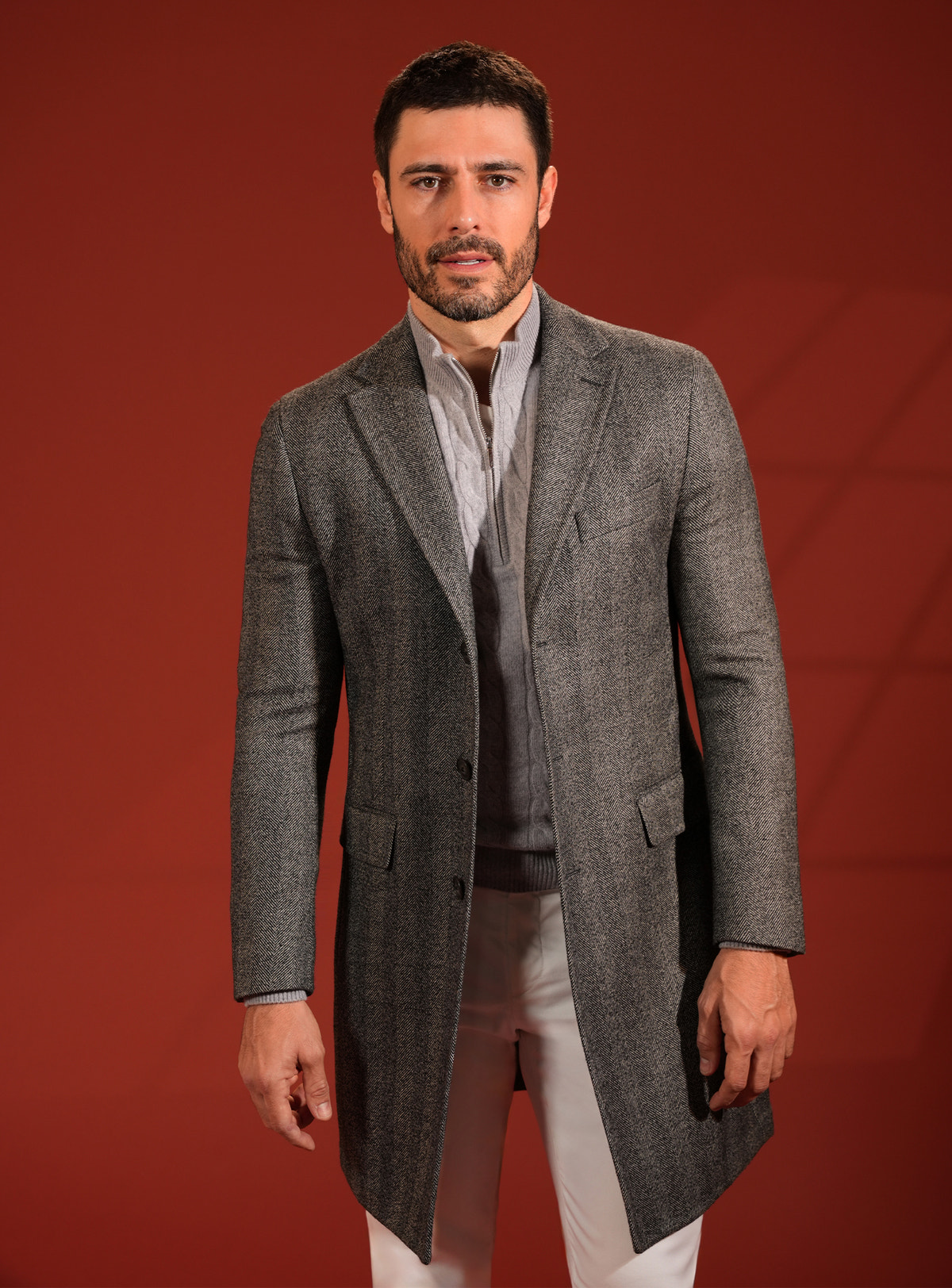 Dark grey Consiglieri overcoat with subtle checks and a raised collar