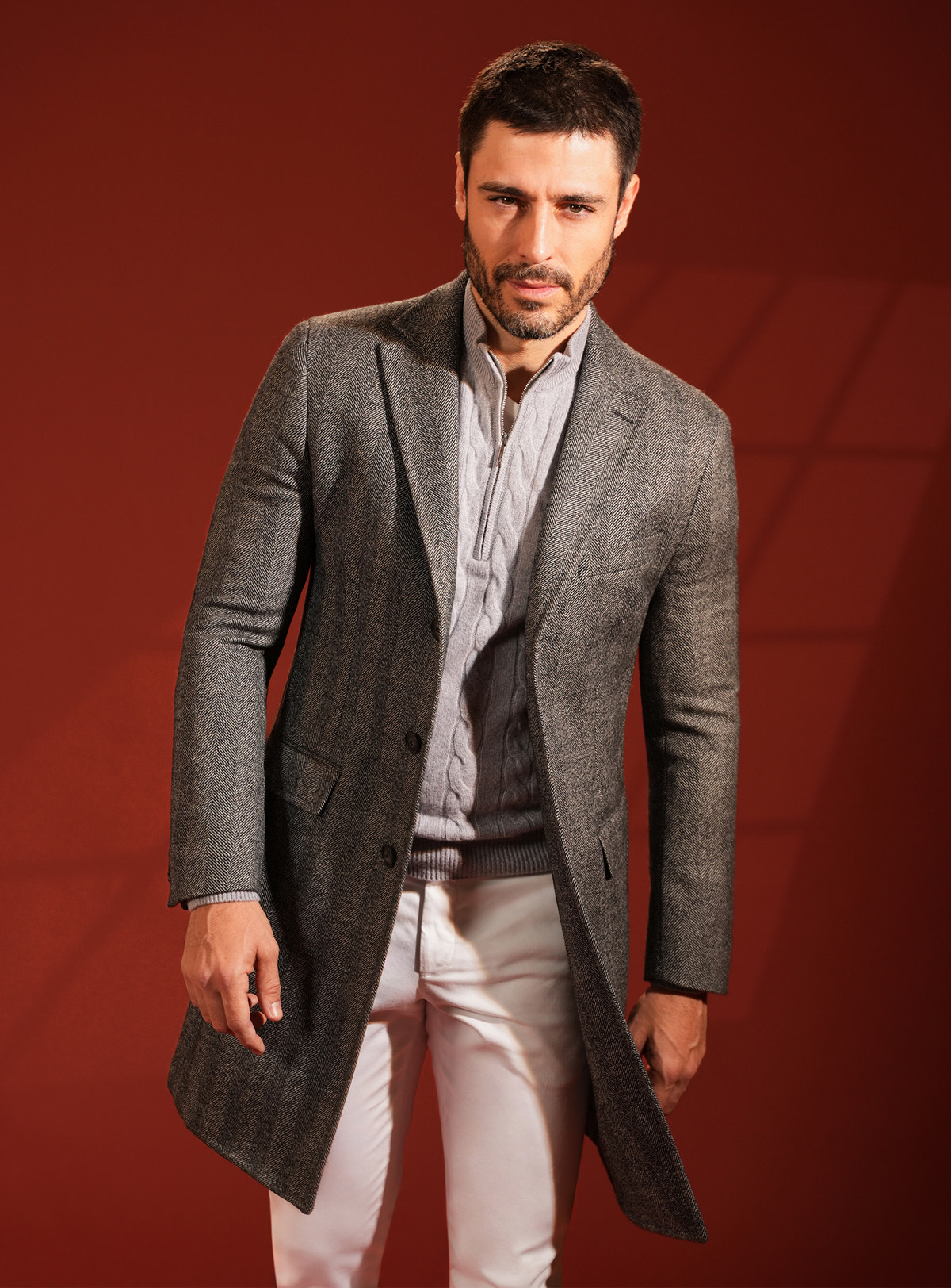 Dark grey Consiglieri overcoat with subtle checks and a raised collar