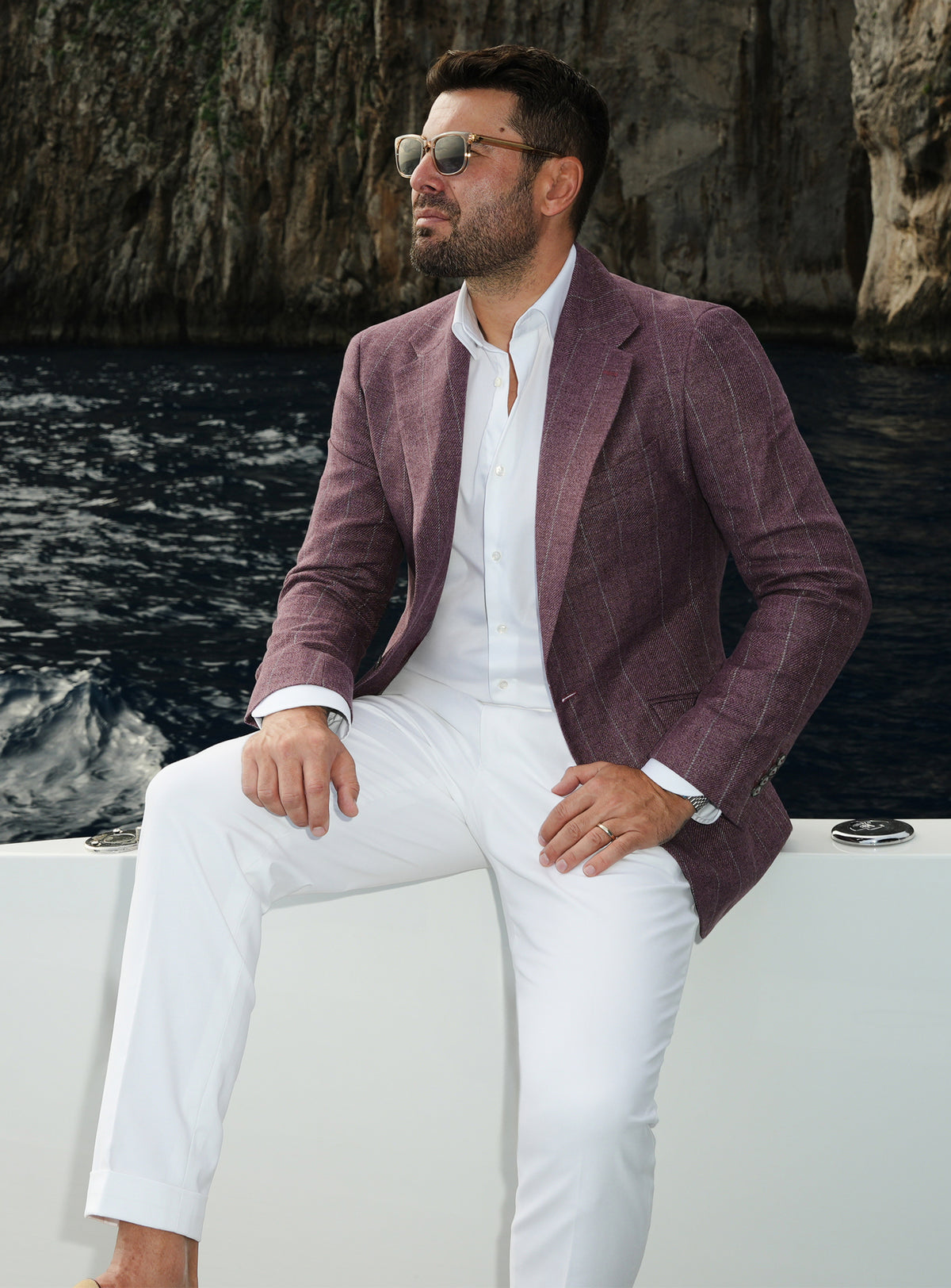 Burgundy Consiglieri blazer with a white shirt, white trousers and beige loafers