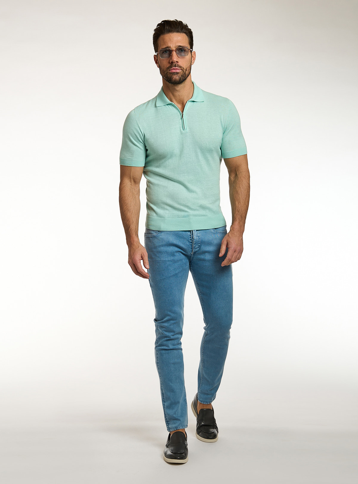 Consiglieri: mint green short-sleeved polo with blue jeans