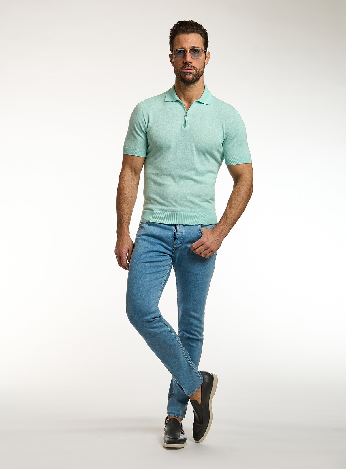 Consiglieri: mint green short-sleeved polo with blue jeans