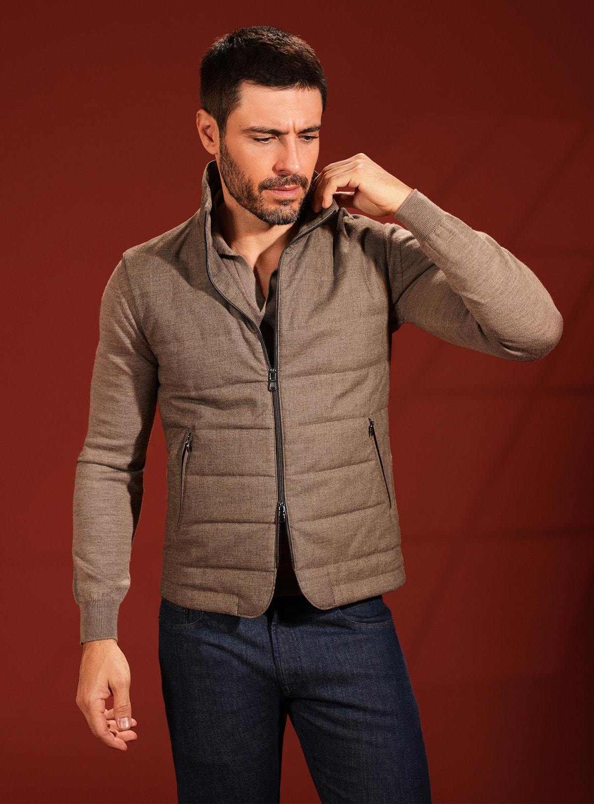 Taupe grey quilted Consiglieri vest with a raised collar and coordinated shirt
