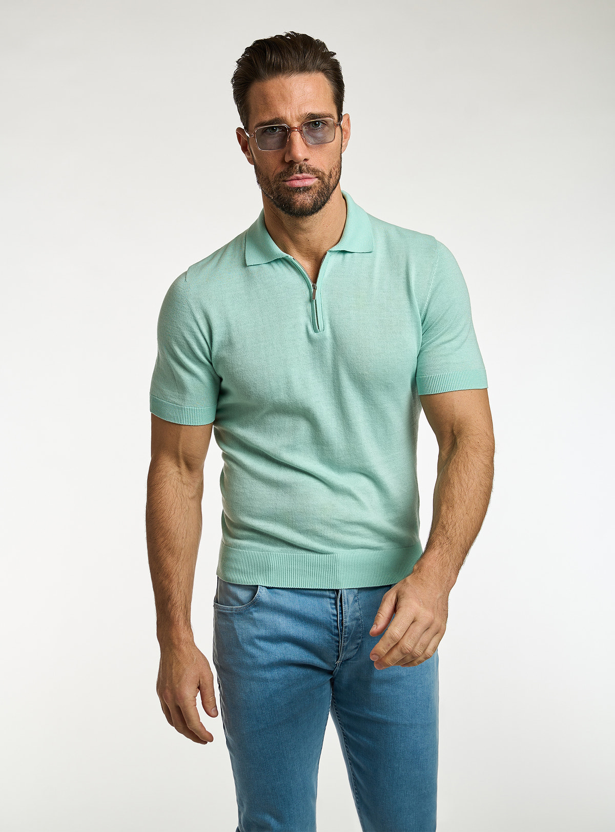 Consiglieri: mint green short-sleeved polo with blue jeans