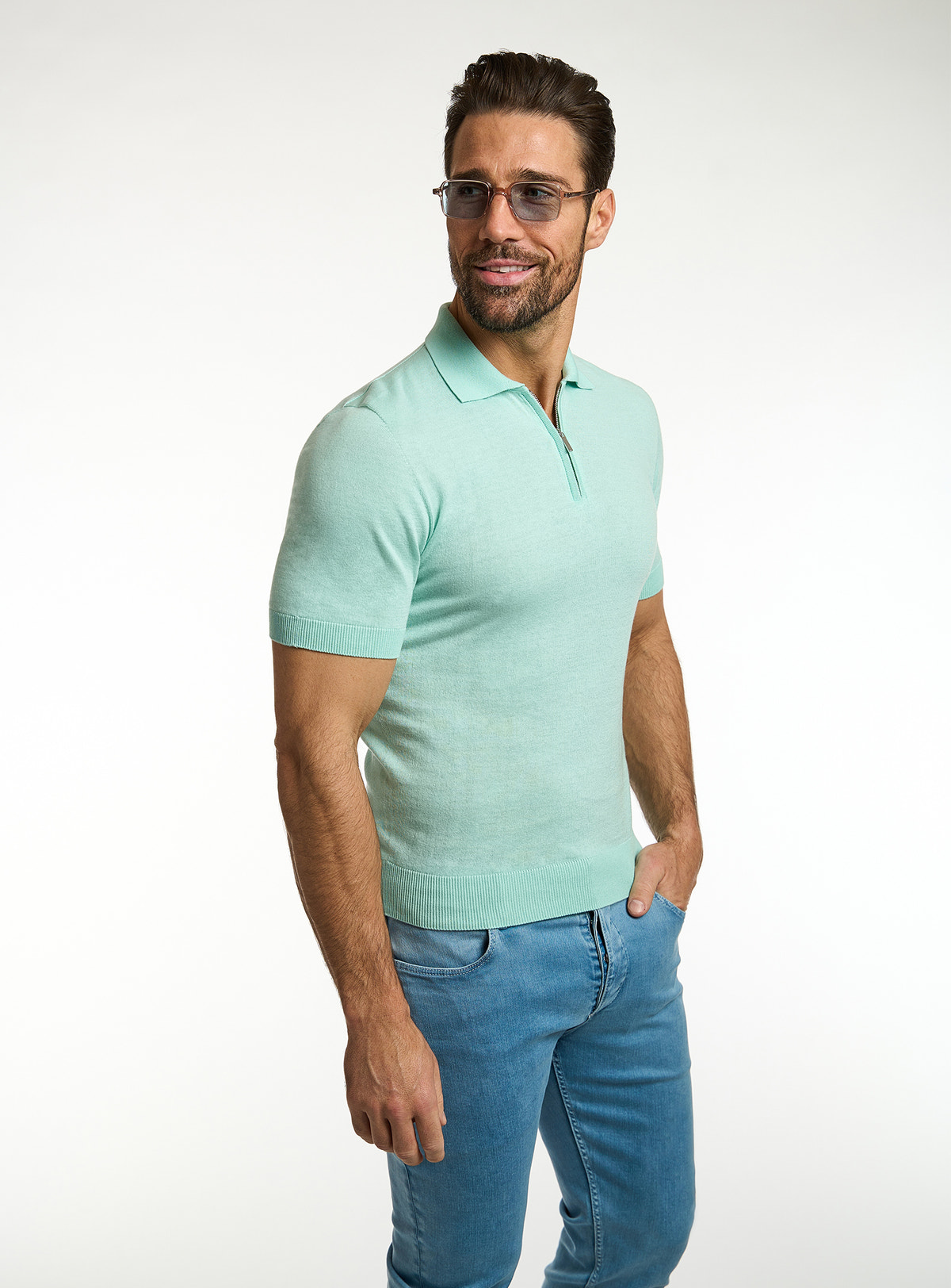 Consiglieri: mint green short-sleeved polo with blue jeans