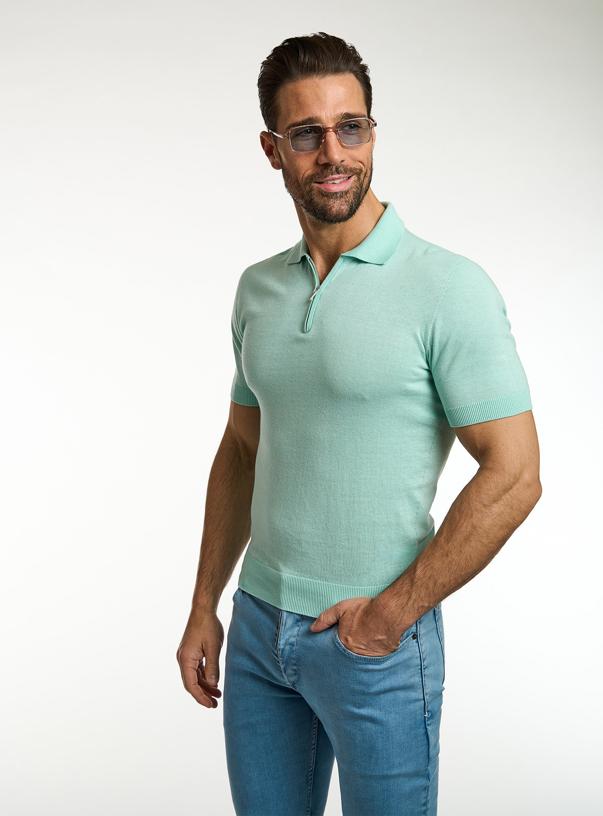 Consiglieri: mint green short-sleeved polo with blue jeans
