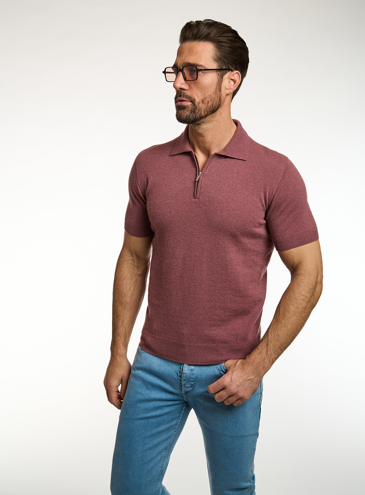 Consiglieri: muted plum short-sleeved polo with blue jeans