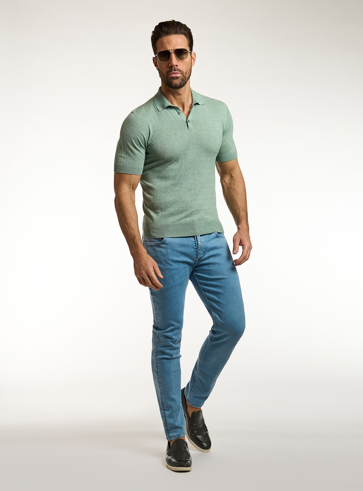 Consiglieri: sage green short-sleeved polo with blue jeans