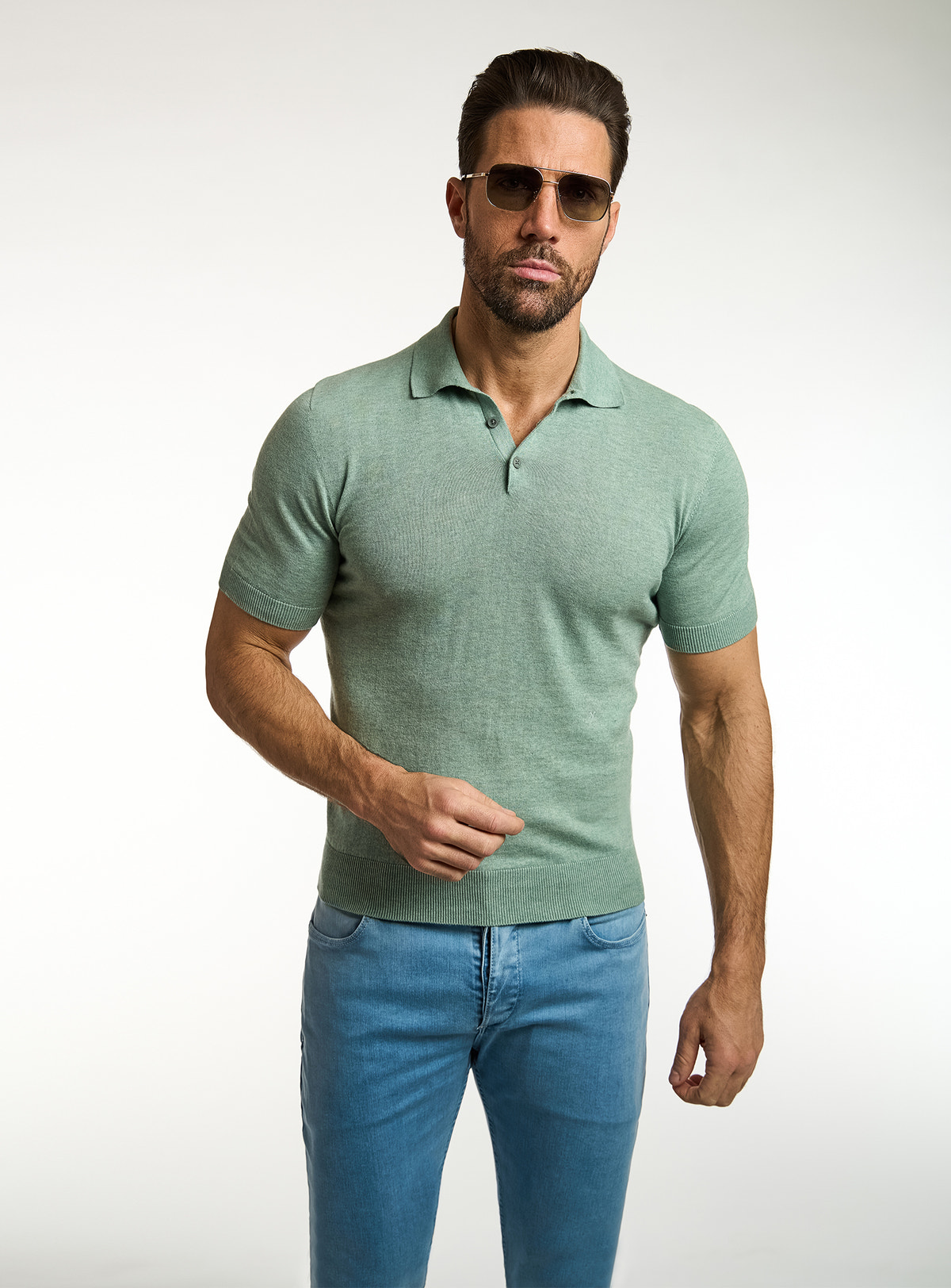 Consiglieri: sage green short-sleeved polo with blue jeans