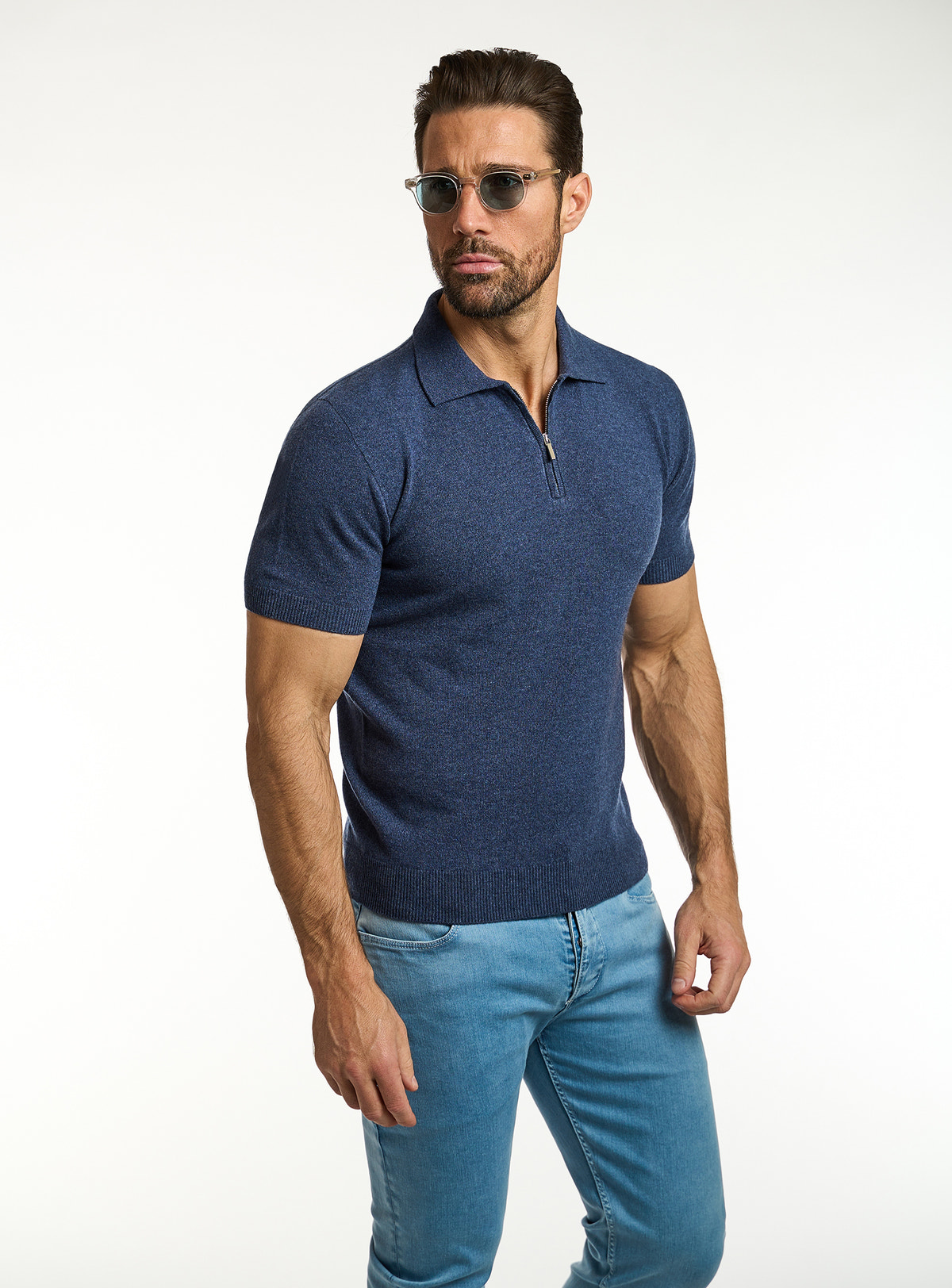 Consiglieri: navy short-sleeved polo with blue jeans