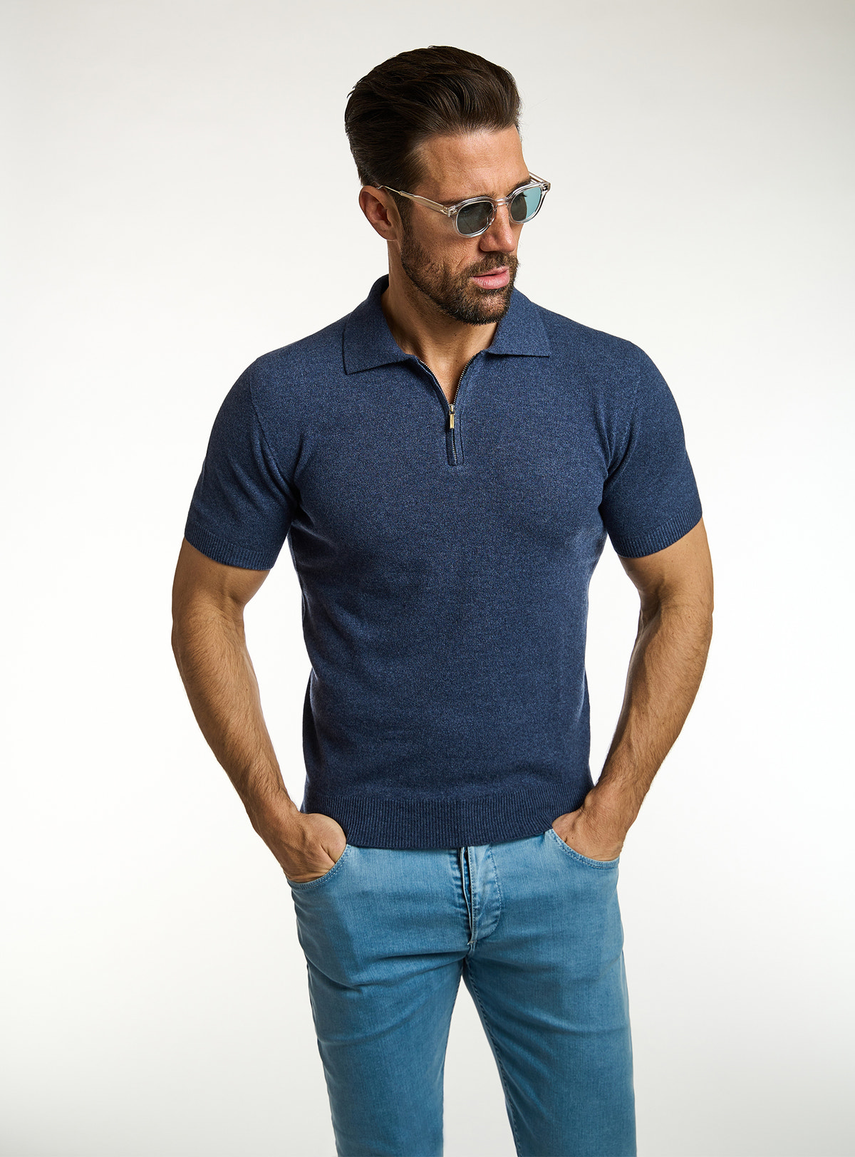 Consiglieri: navy short-sleeved polo with blue jeans