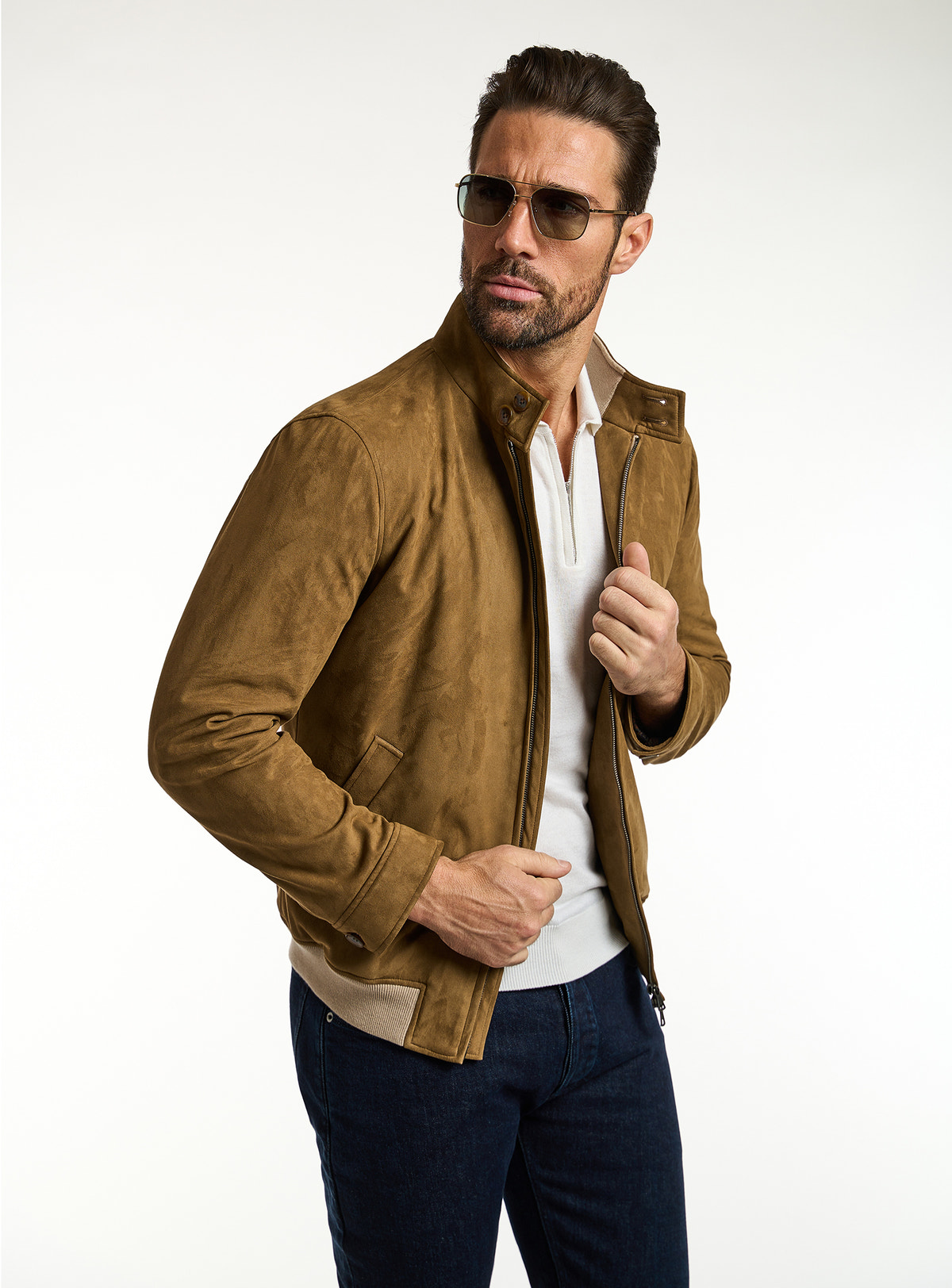 Consiglieri: cognac zip-front jacket with an ivory polo