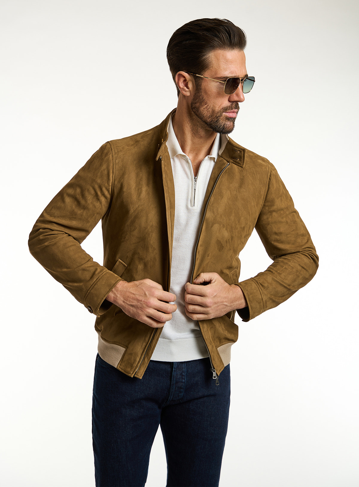 Consiglieri: cognac zip-front jacket with an ivory polo