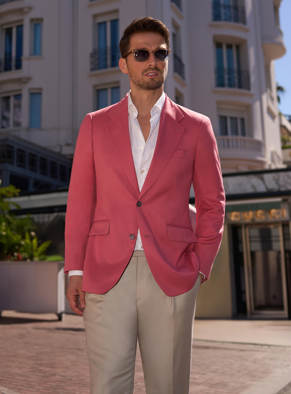 Pink Consiglieri jacket with a white shirt and pocket square