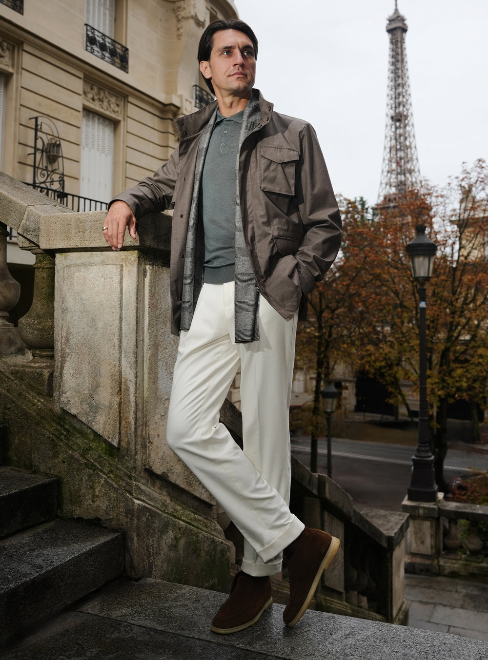 Khaki Consiglieri jacket worn with white trousers and brown shoes