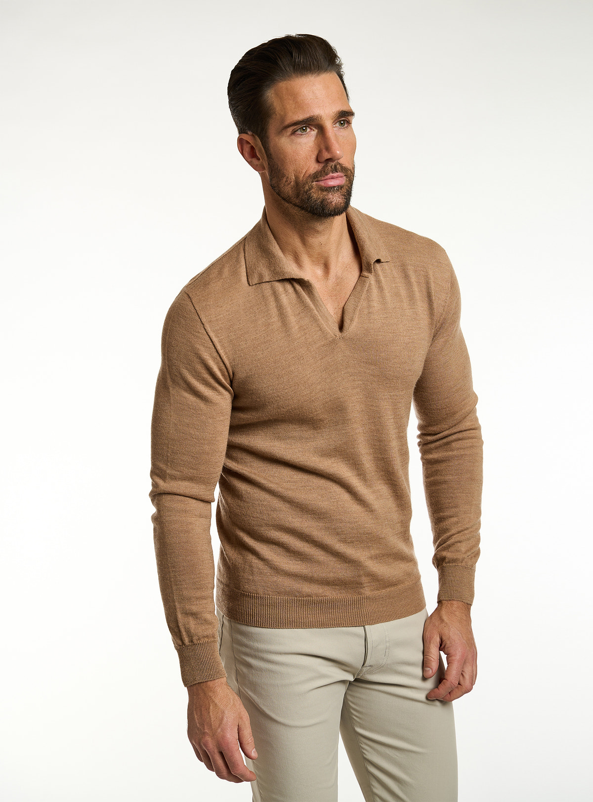 Consiglieri: camel polo-collar sweater with beige trousers