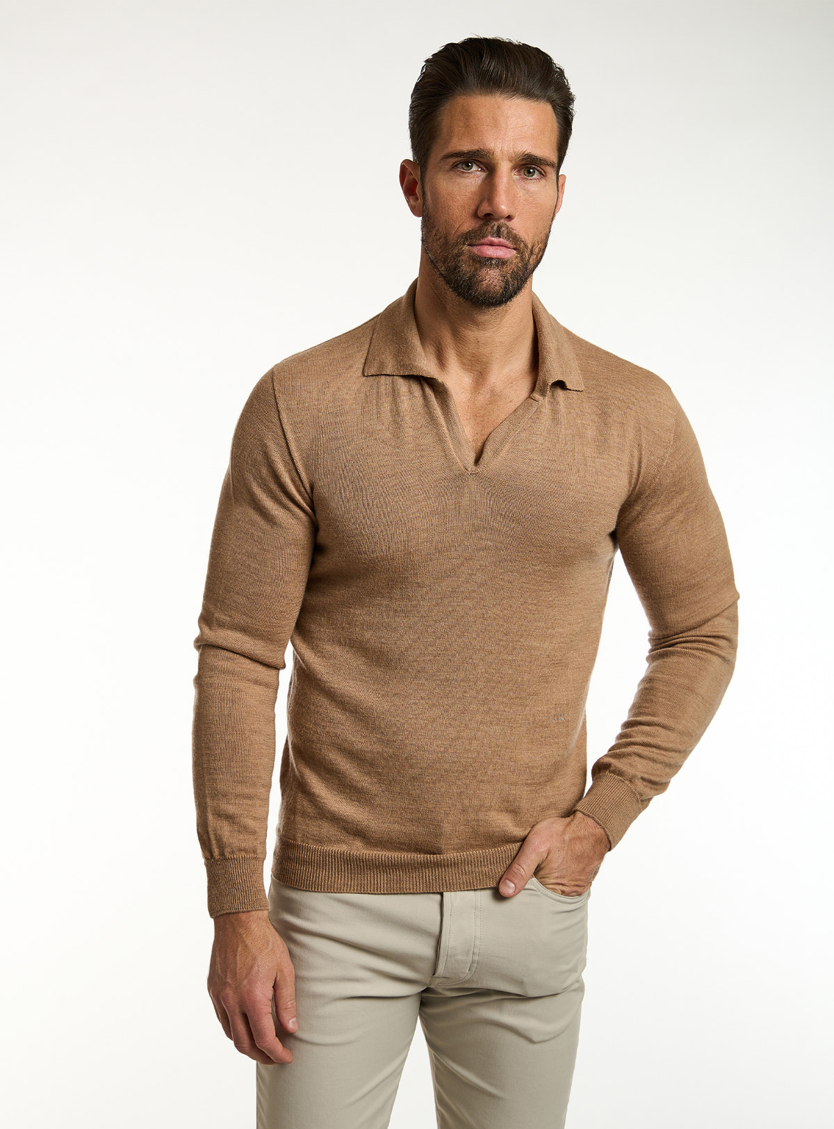Consiglieri: camel polo-collar sweater with beige trousers