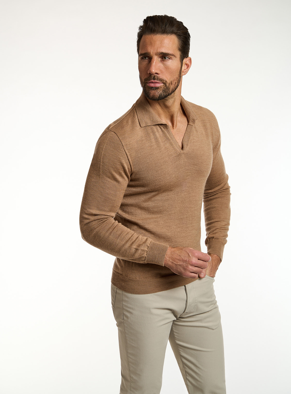 Consiglieri: camel polo-collar sweater with beige trousers