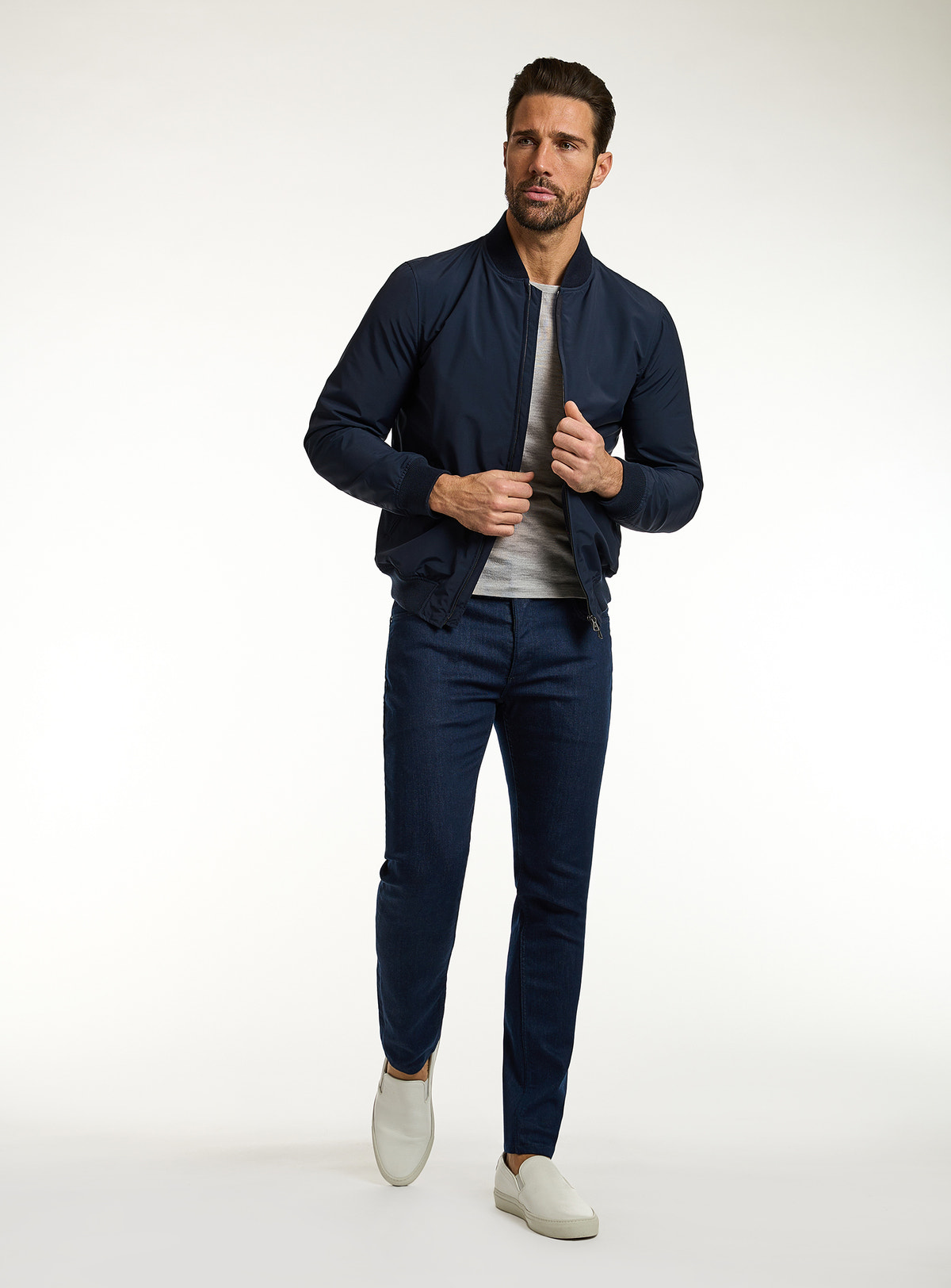 Consiglieri: navy zip-front bomber jacket with matching trousers