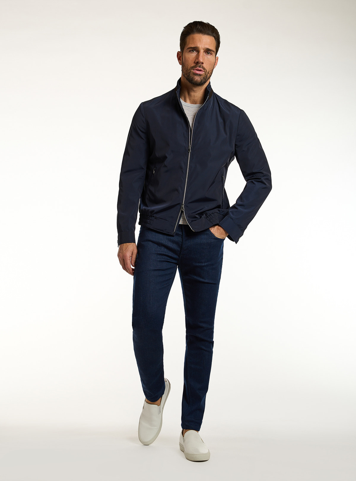 Consiglieri: navy zip-front bomber jacket with matching trousers