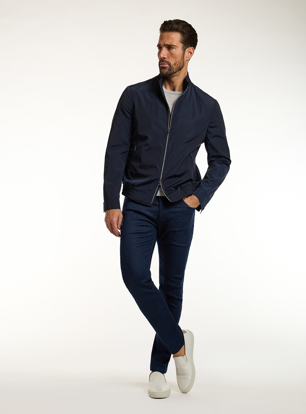 Consiglieri: navy zip-front bomber jacket with matching trousers