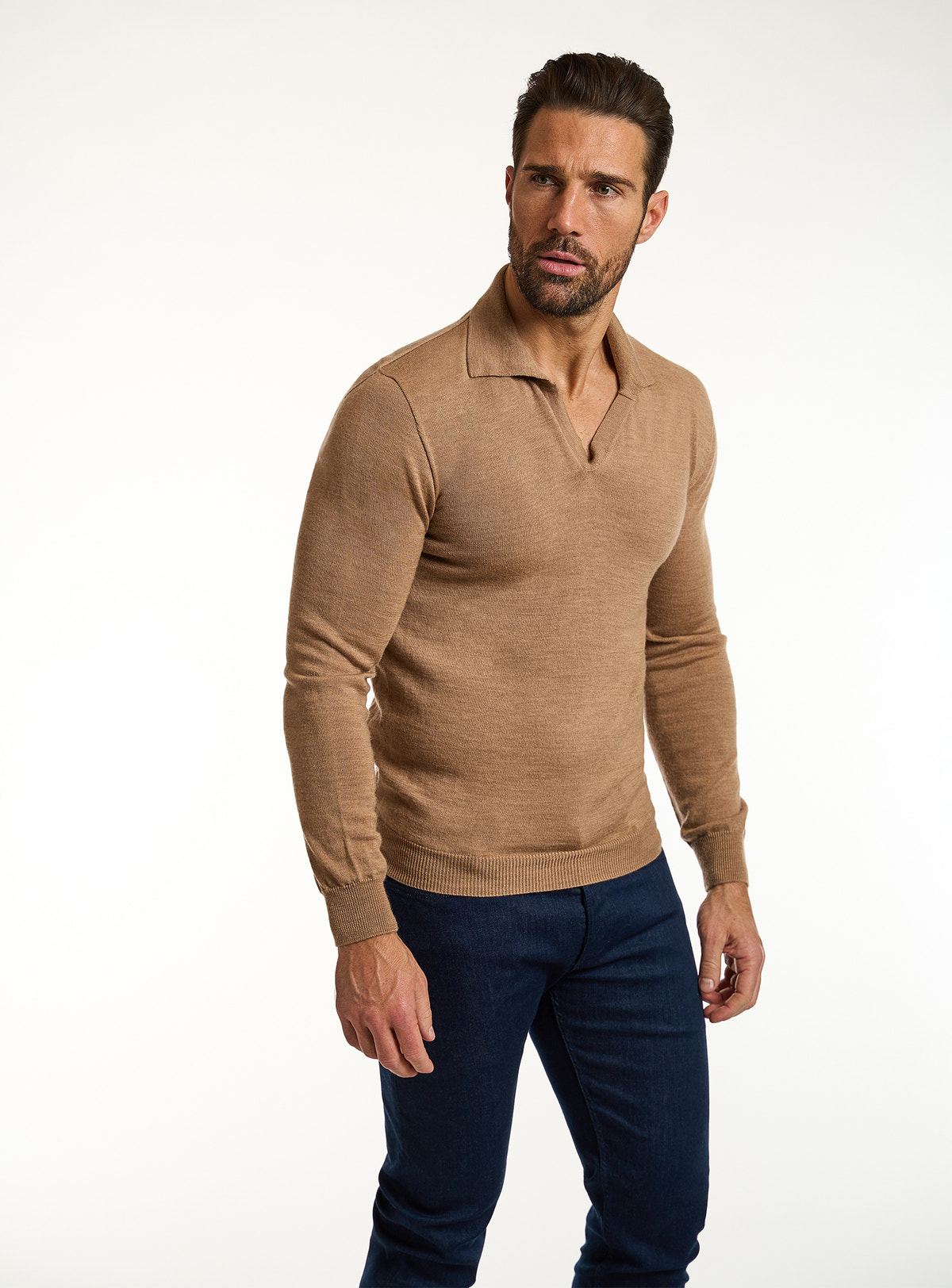 Consiglieri: camel polo-collar sweater with navy trousers