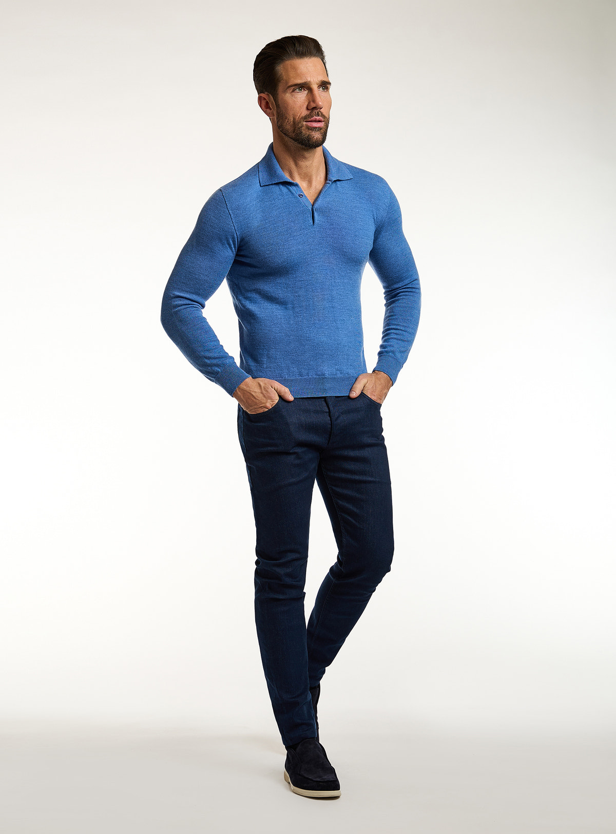 Consiglieri: blue polo-collar sweater with navy trousers