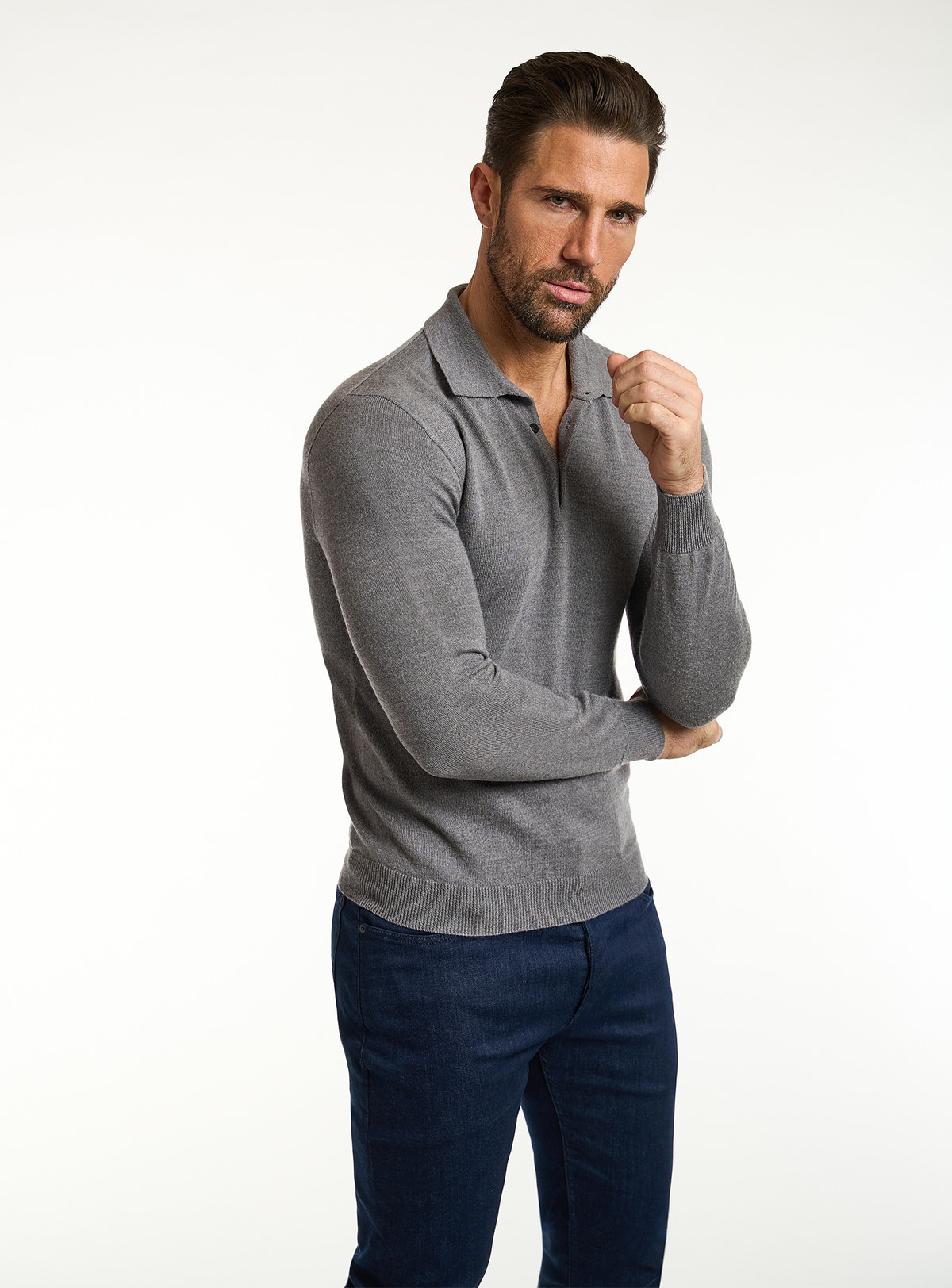 Consiglieri: grey polo-collar sweater with navy jeans